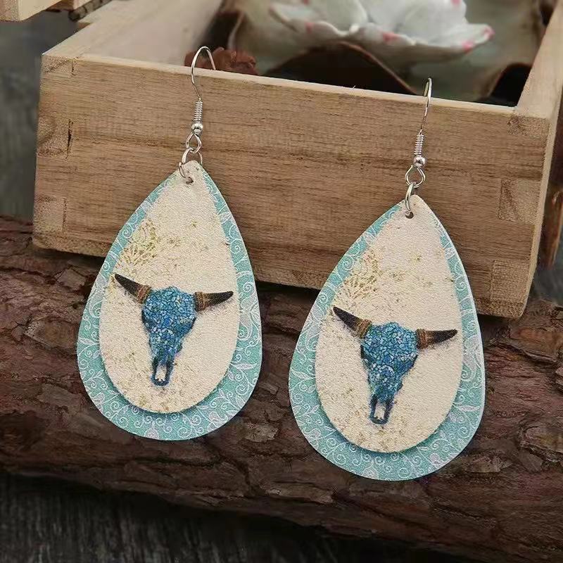 *NEW* Custom Vegan Leather Tear Drop Earrings ~ Blue Bullskull