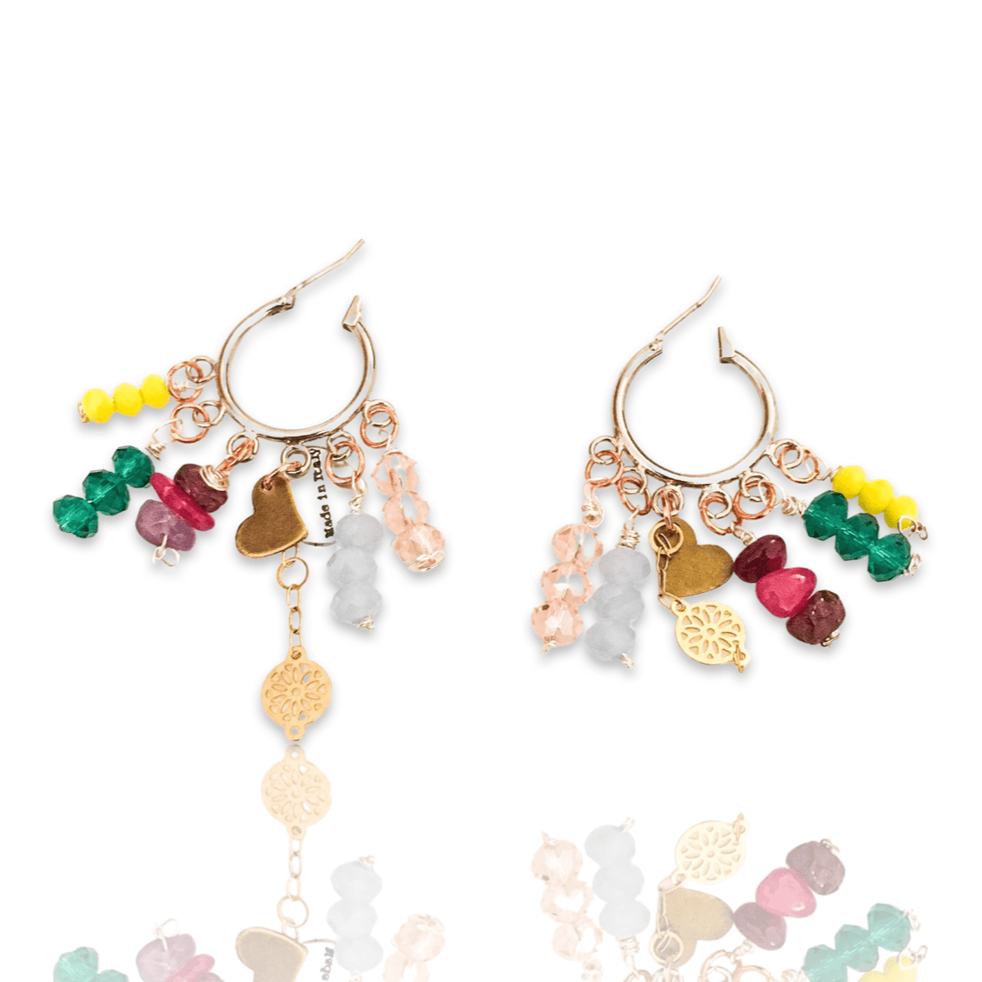 Colorful Beads and Stones Heart Charm Hoops Earrings