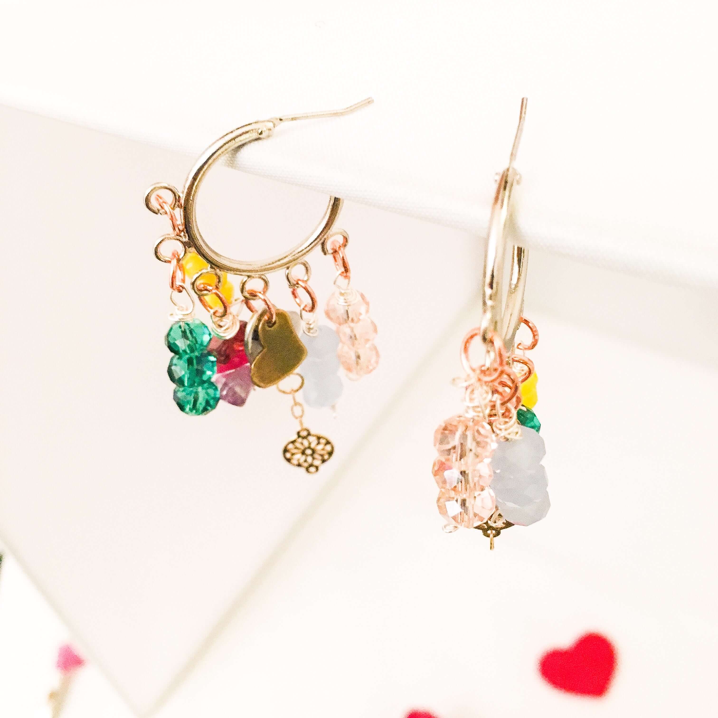 Colorful Beads and Stones Heart Charm Hoops Earrings