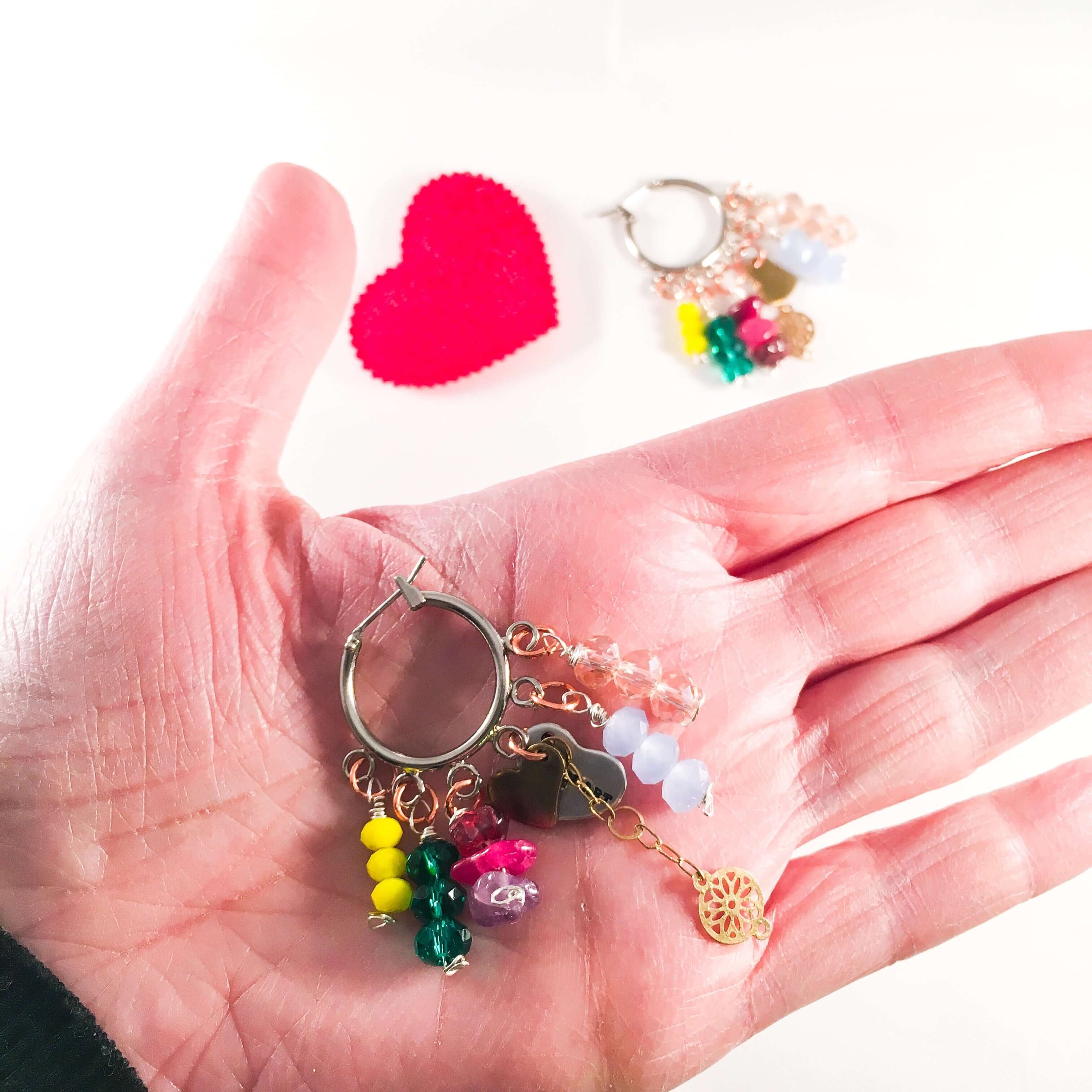 Colorful Beads and Stones Heart Charm Hoops Earrings