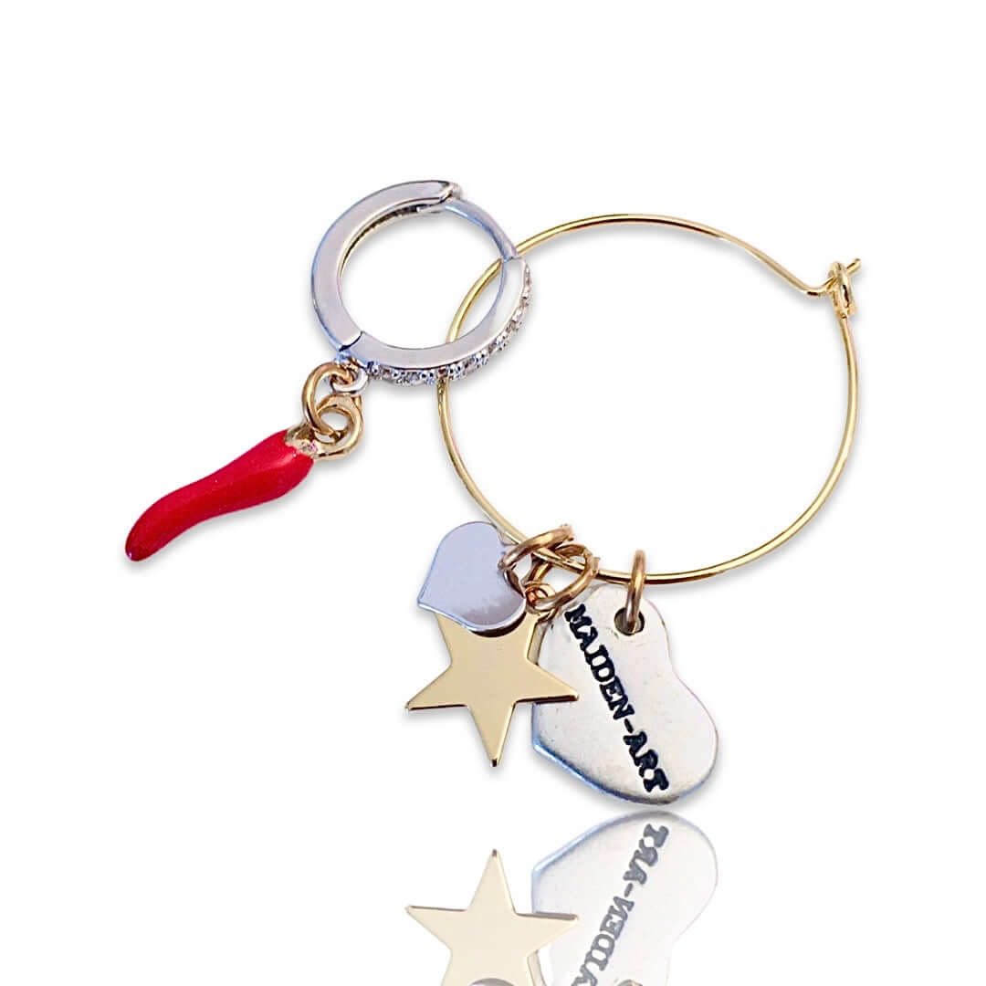 Matchy Earrings, Matchy Hoop Earrings with Red Horn Charm and Gold Star Charm.