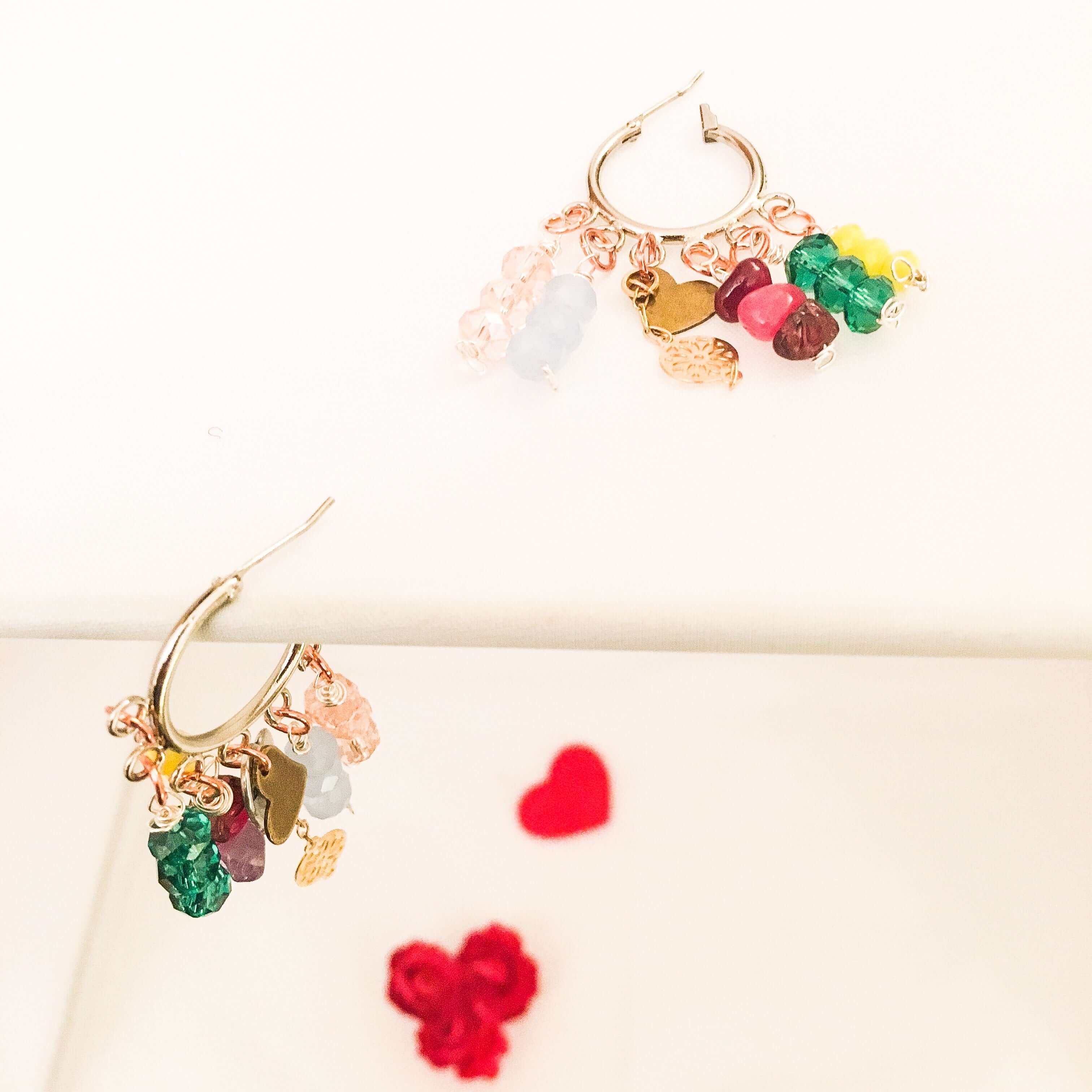 Colorful Beads and Stones Heart Charm Hoops Earrings