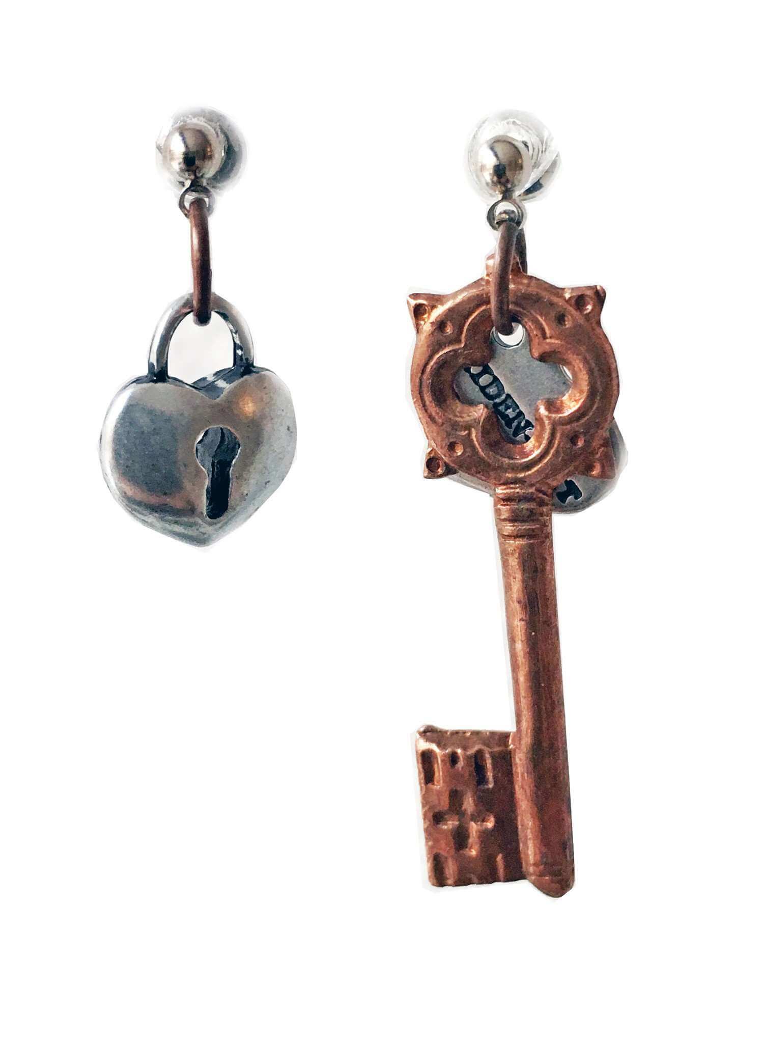 Heart Lock and Key cluster earrings in brass and bronze. Perfect for valentines day, valentines day gift, gift for her.