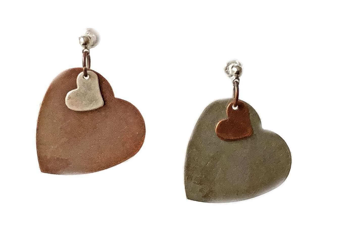 Double Heart stud earrings in copper and silver. Perfect for valentines day, valentines day gift, gift for her.