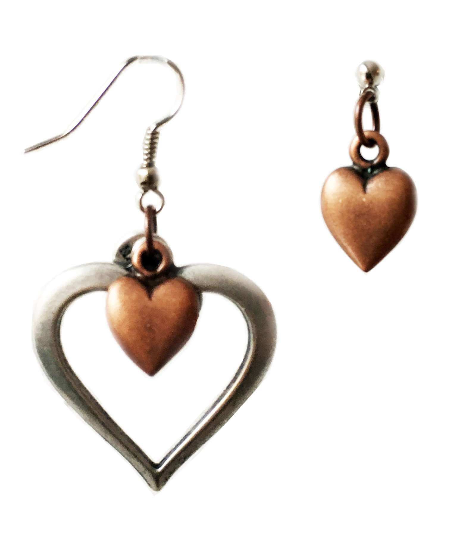 Heart cluster earrings in brass and silver. Perfect for valentines day, valentines day gift, gift for her.